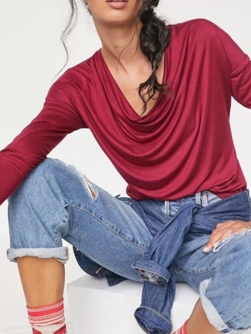 Anthropologie Maroon Cowl Neck Long Sleeve Top